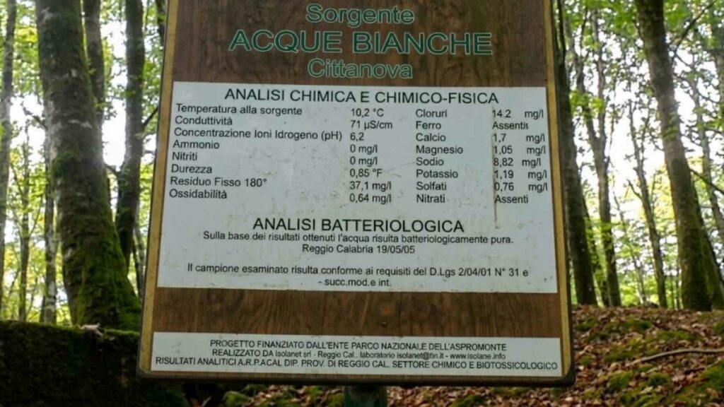 Cartello della Sorgente Acque Bianche a Cittanova, Aspromonte, con dati di analisi dell'acqua.