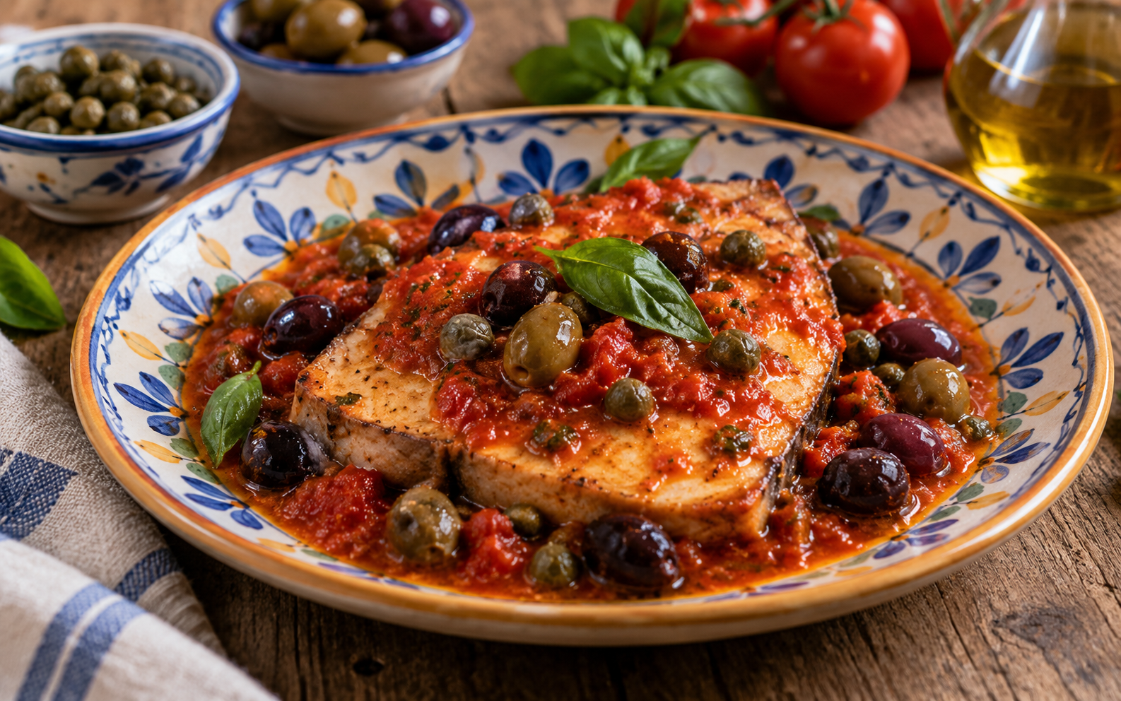 Pesce spada alla messinese con pomodoro, olive e capperi