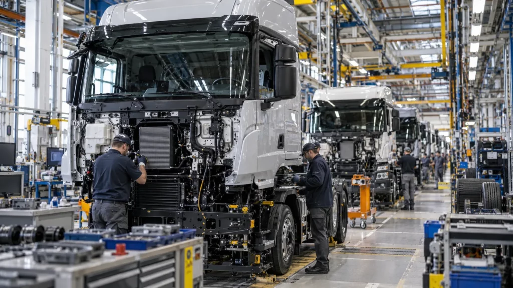 Linea di assemblaggio di camion che richiama l’operazione Tata Motors Iveco e il futuro dell’industria italiana