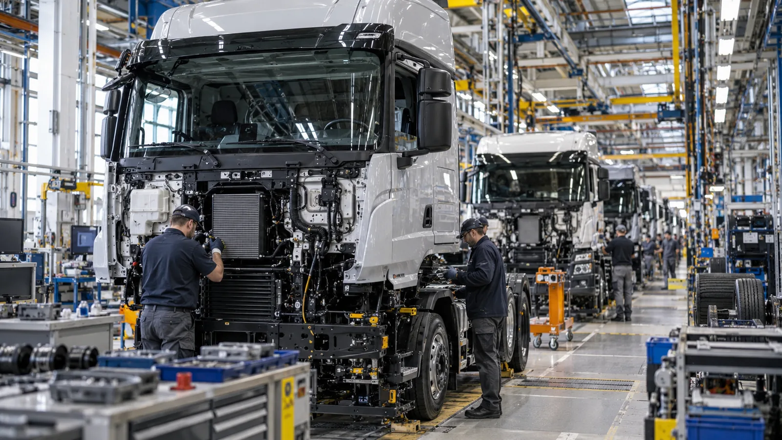 Linea di assemblaggio di camion che richiama l’operazione Tata Motors Iveco e il futuro dell’industria italiana