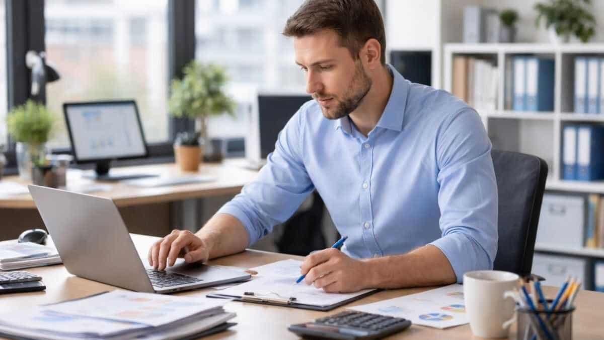 Postazione di lavoro con computer e documenti in una piccola impresa